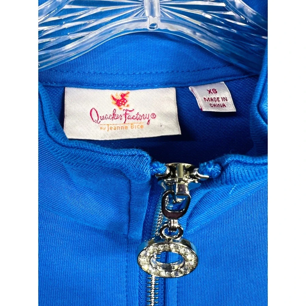 Quacker Factory Royal Blue Rhinestone Zip Up Jacket Mock Neck Sweatshirt XS